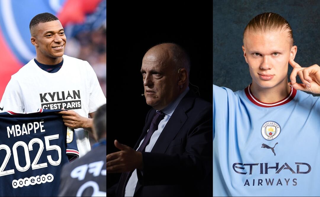 Javier Tebas, presidente de LaLiga junto a Mbappé y Haaland - FOTO: Especial