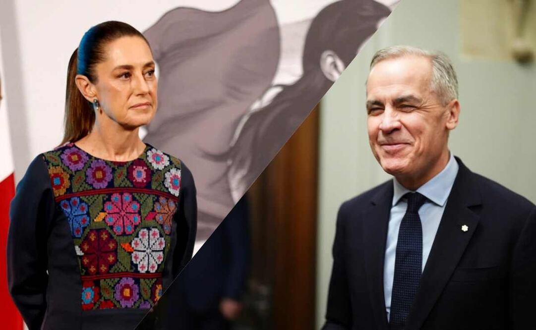 La presidenta Claudia Sheinbaum Pardo durante la mañanera del 11 de septiembre de 2025. El primer ministro de Canadá, Mark Carney. Foto: Diego Simón Sánchez/EL UNIVERSAL y AP