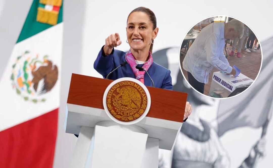 Claudia Sheinbaum, presidenta de México, durante la mañanera del 2 de junio del 2025 en Palacio Nacional. En el círculo: El expresidente, Andrés Manuel López Obrador en Chiapas para emitir su voto en la elección judicial. Fotos: Diego Simón / EL UNIVERSAL y Especial