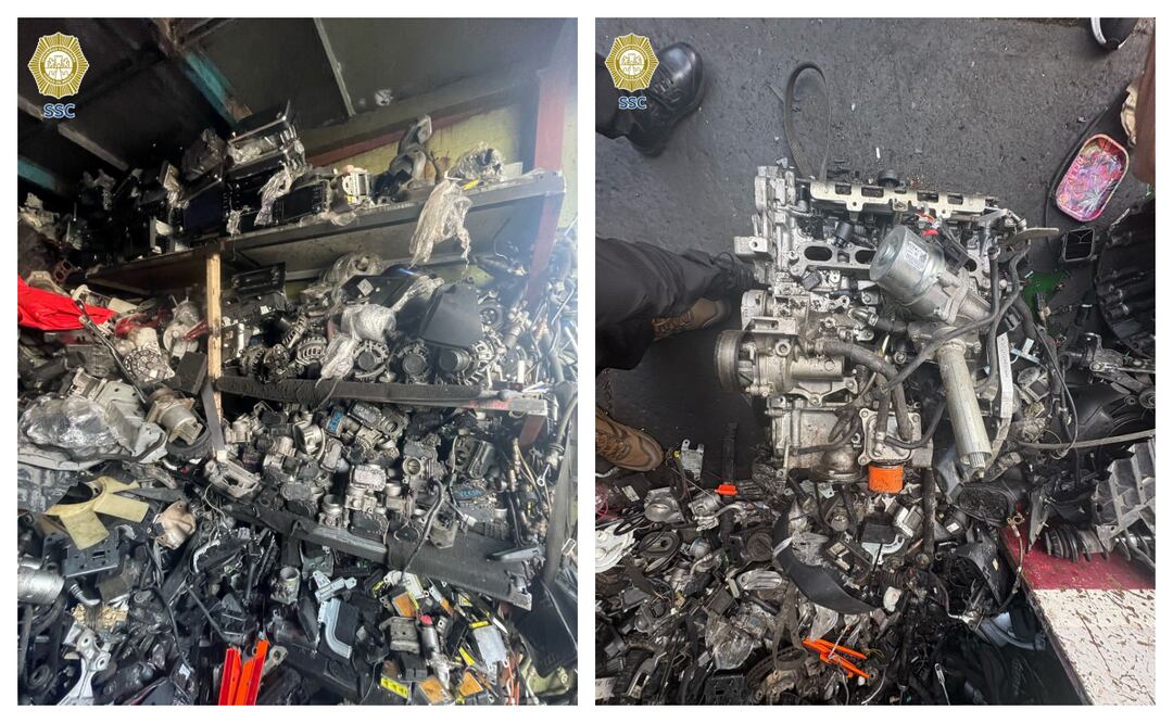 Desmantelan bodega de autopartes robadas en Gustavo A. Madero; aseguran 10 toneladas de piezas y un motor. Foto: Especial