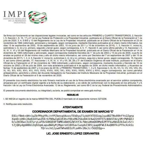 IMPI niega a Lenia Batres registro de marca “ministra del pueblo” este jueves 21 de agosto de 2025. Foto: IMPI