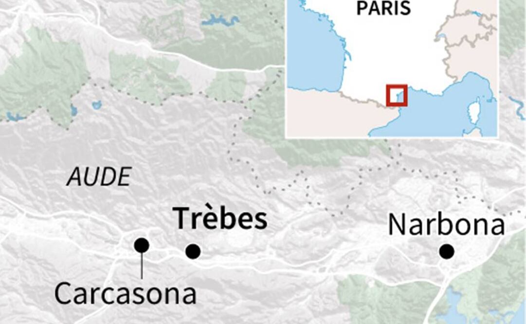 Localización de Trebes, en la región francesa de Aude (sur), donde se produjo una toma de rehenes en un supermercado y un policía resultó herido de bala (AFP)
