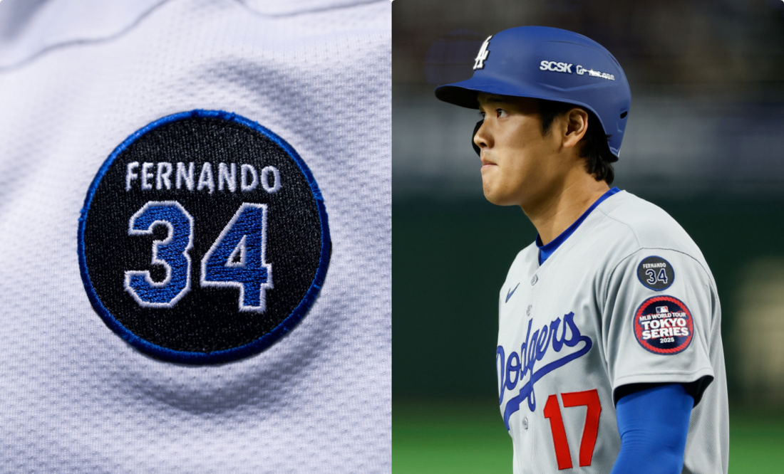 Shohei Ohtani portando el parche en honor a Fernando Valenzuela - Fotos: @MLB_Mexico en X