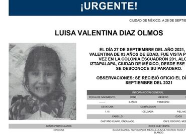 Activan Alerta Amber para localizar a Luisa Valentina, niña desaparecida en Iztapalapa