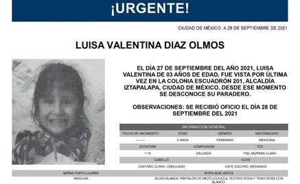 Activan Alerta Amber para localizar a Luisa Valentina, niña desaparecida en Iztapalapa