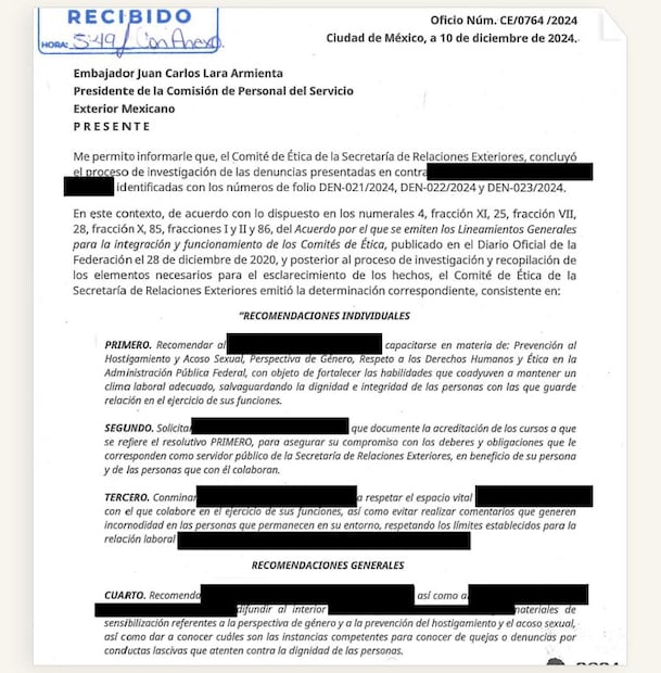 Aunque el Comité de Ética encontró sustentadas las acusaciones en contra de Sosa Peralta e informó a la Comisión de Personal, no se obtuvo el registro de que se haya iniciado una investigación ante el OIC. La dependencia entregó la información testada, pero se comprobó que la resolución correspondía a los folios de las denuncias previamente confirmadas.