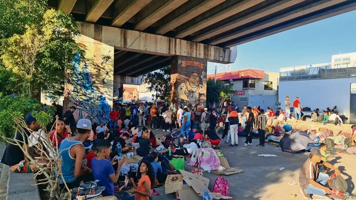 Familias de migrantes se amontonan bajo el puente, donde hay mujeres embarazadas y niños. Foto: Especial