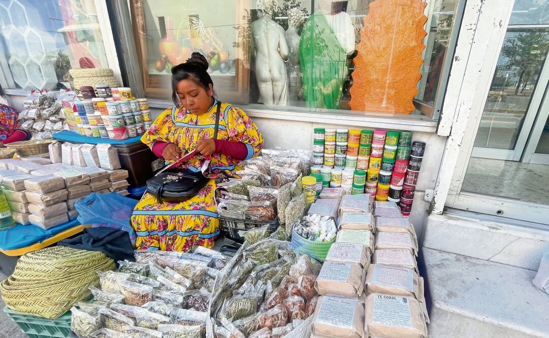 Frente a la Catedral de Ciudad Juárez mujeres rarámuris continúan la tradición de la venta de hierbas de la sierra. Foto: Paola Gamboa / EL UNIVERSAL