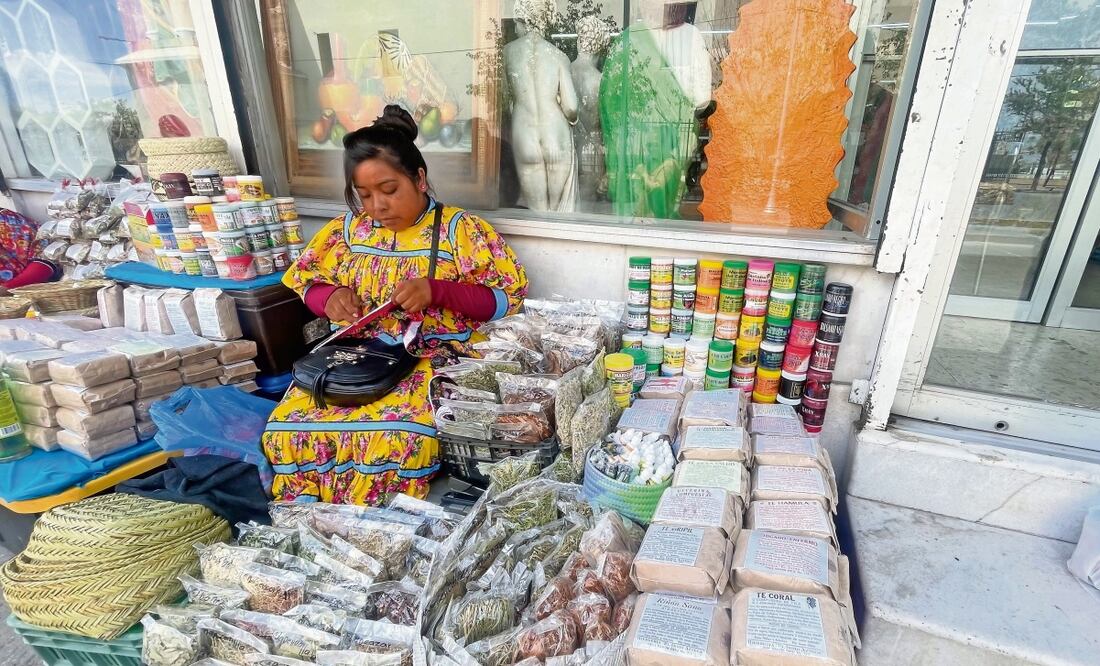 Frente a la Catedral de Ciudad Juárez mujeres rarámuris continúan la tradición de la venta de hierbas de la sierra. Foto: Paola Gamboa / EL UNIVERSAL