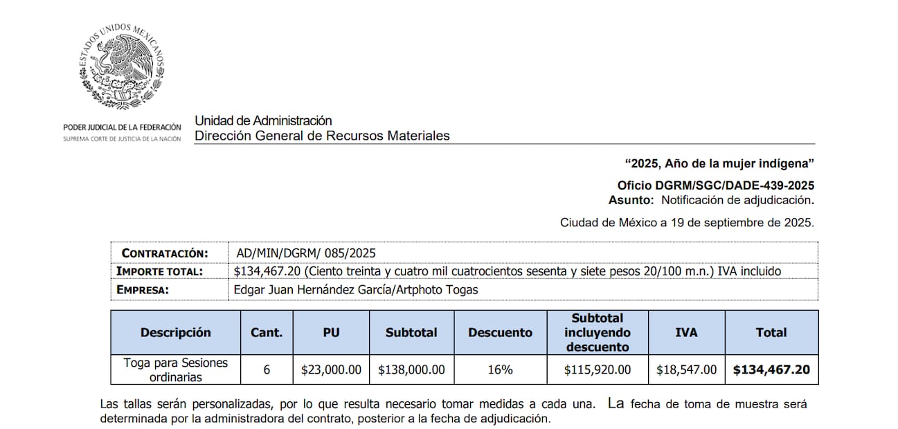 Desgloce de precio de las togas adquiridas por los ministros de la Corte. Foto: captura de pantalla