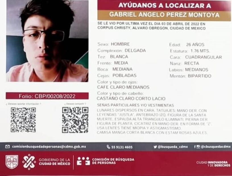 Desaparece joven en la Álvaro Obregón; ayúdanos a localizar a Gabriel Ángelo Pérez Montoya