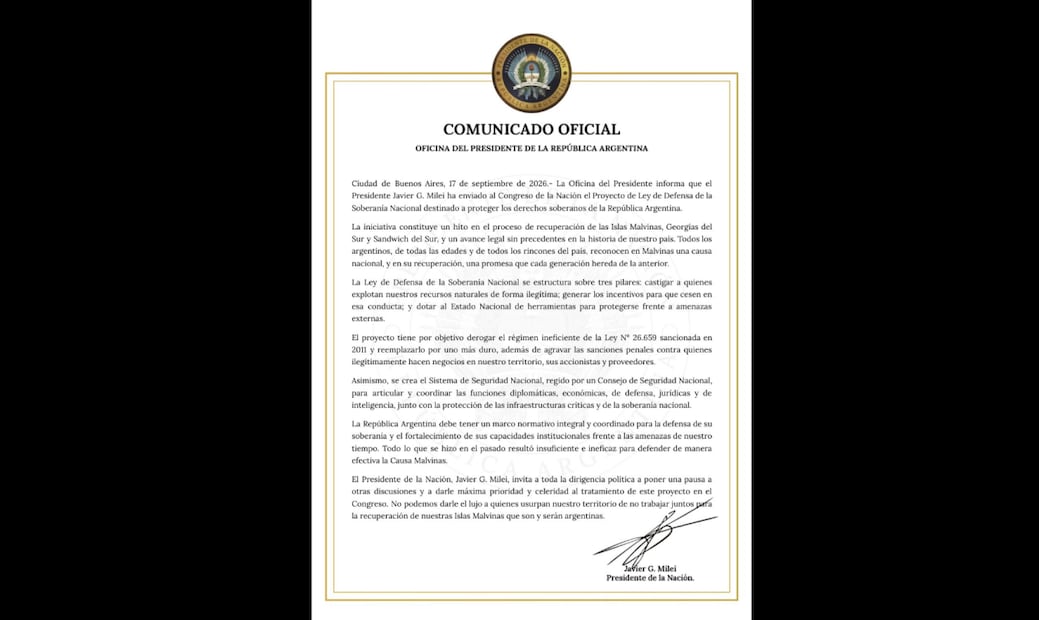 El proyecto propone derogar la Ley 26.659, vigente desde 2011, promulgada durante el Gobierno de Cristina Fernández (2007-2015) EFE/ Oficina del Presidente de la República Argentina - SOLO USO EDITORIAL/SOLO DISPONIBLE PARA ILUSTRAR LA NOTICIA QUE ACOMPAÑA (CRÉDITO OBLIGATORIO) -