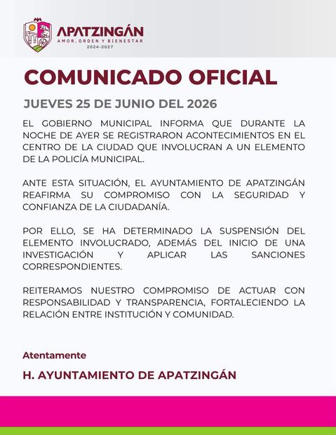 Gobierno Municipal de Apatzingán se pronuncia por estos hechos. Foto: Especial