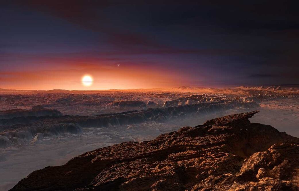 Imagen creada por un artista que muestra "la superficie del planeta Proxima b orbitando a la estrella roja y enana Centauri". Foto: AP, archivo