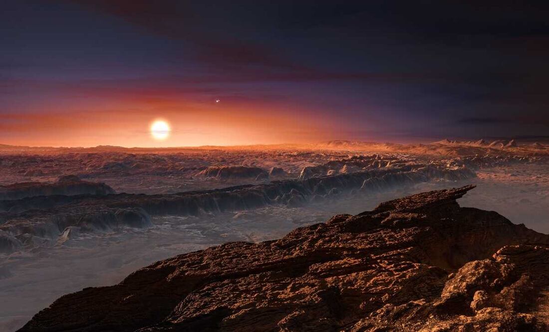 Imagen creada por un artista que muestra "la superficie del planeta Proxima b orbitando a la estrella roja y enana Centauri". Foto: AP, archivo