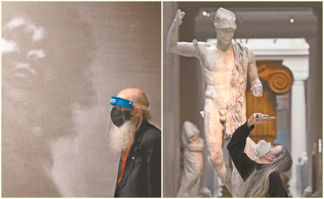 Ayer, durante la presentación de la exposición a la prensa, todos los invitados usaron cubrebocas. Fotos: Angela Weiss. AFP