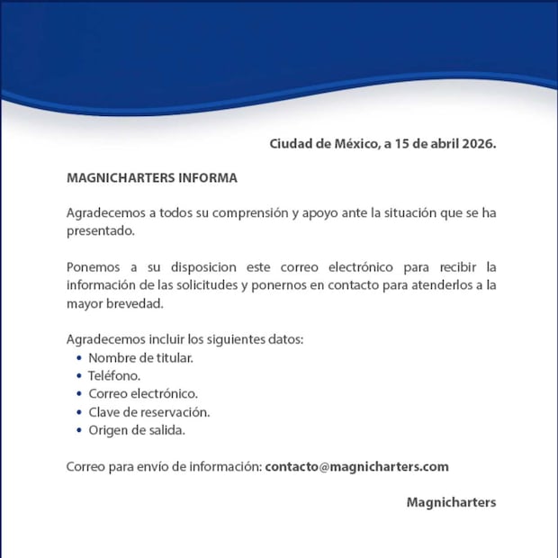 Comunicado de Magnicharters en su sitio web/ Captura de pantalla