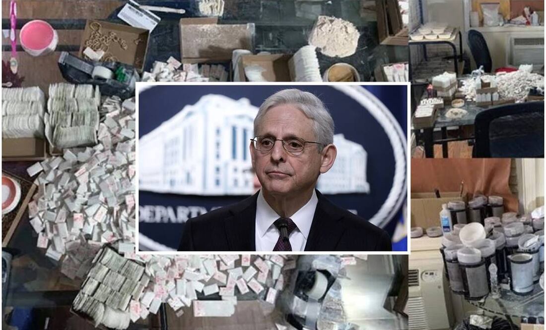 El fiscal general Merrick Garland, en conferencia de prensa acerca del tráfico de fentanilo. Foto: Susan Walsh/AP y Cortesía DEA