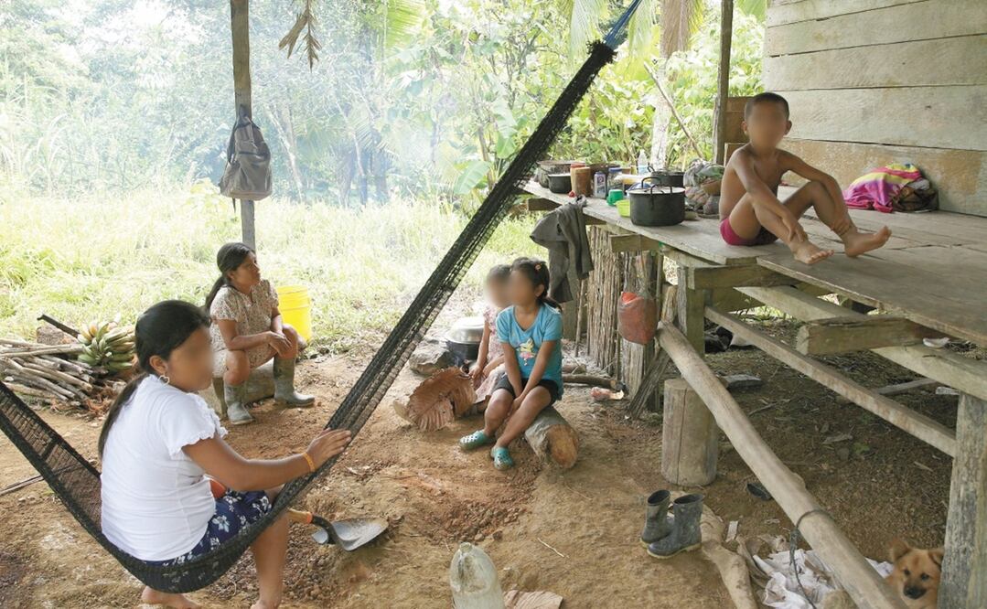 Los miembros del grupo indígena Ngabe Bugle se sientan en el exterior de su vivienda, ubicada en la comunidad selvática de El Terrón, Panamá. Foto: ARNULFO FRANCO. AP