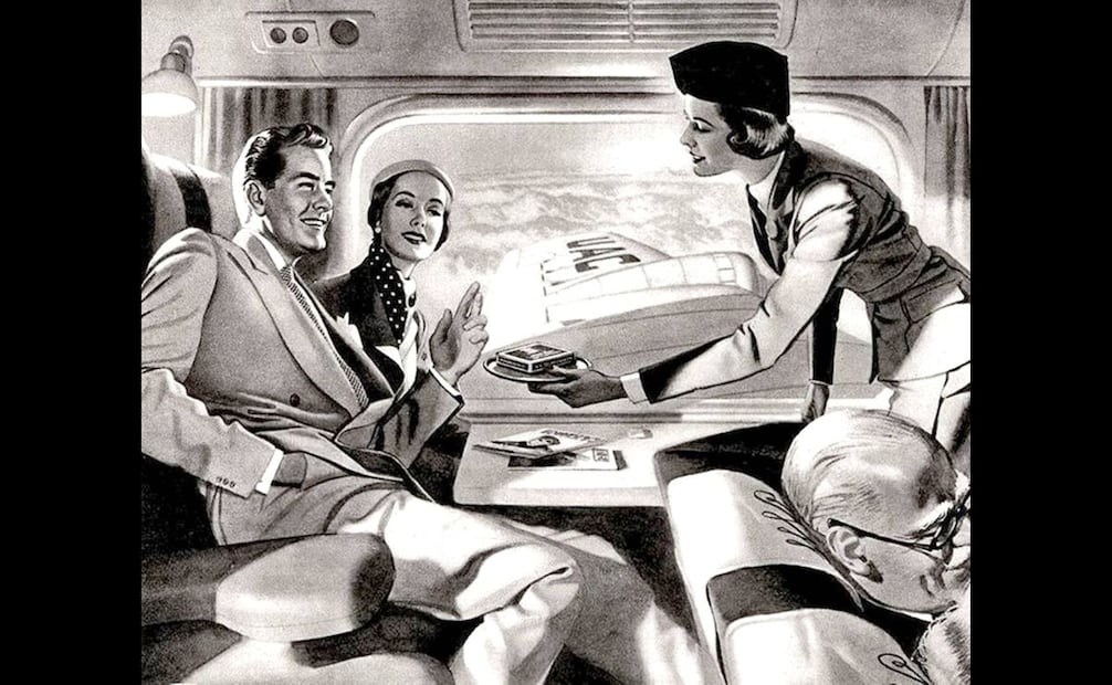 Cuando los aviones de pasajeros eran pequeños, con pocos asientos y boletos costosos, el vuelo era una experiencia de lujo. Pinterest.