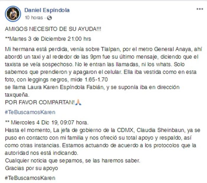 Asegura Sheinbaum estar “muy pendiente” de la desaparición de Karen