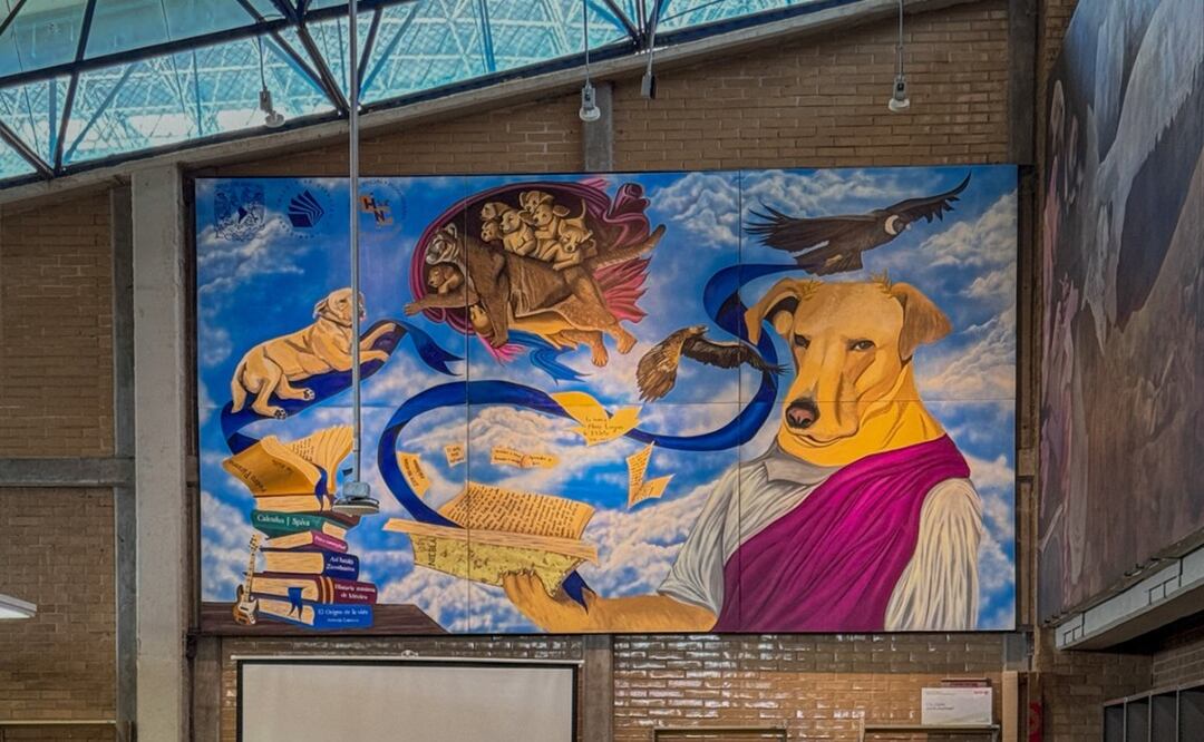 Te contamos la historia que hay detrás de el mural de Mario Lenguas de Mileto que se encuentra en la biblioteca del CCH Naucalpan. Foto: 'X' @unam_mx