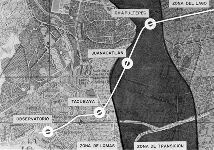 Imagen tomada del libro “Memoria Metro de la Ciudad de México” en donde aparece el tipo de suelo en el que se encuentran las estaciones Chapultepec, Juanacatlán, Tacubaya y Observatorio.