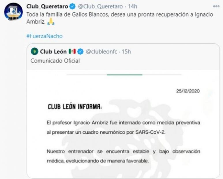 Equipos de la Liga MX se solidarizan con Nacho Ambriz tras ser hospitalizado
