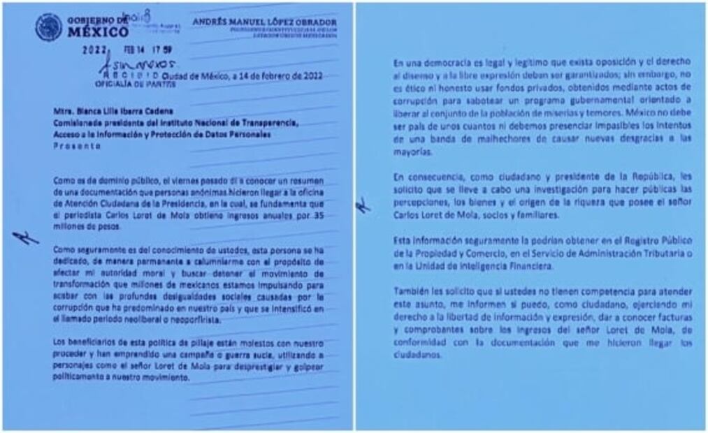 AMLO exhibe carta en la que pide al Inai informar ingresos de Loret de Mola