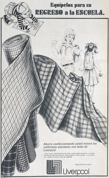 El 23 de agosto de 1986, en el mes del regreso a clases, esta casa editorial publicaba un anuncio de telas para hacer las faldas y pantalones de los uniformes escolares de la secundaria en aquella década. Hemeroteca EL UNIVERSAL.