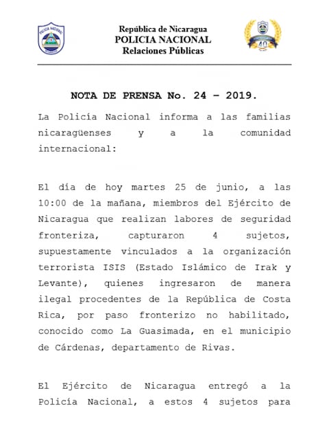 Nicaragua detiene a cuatro presuntos integrantes de ISIS que pretendían cruzar México hacia EU