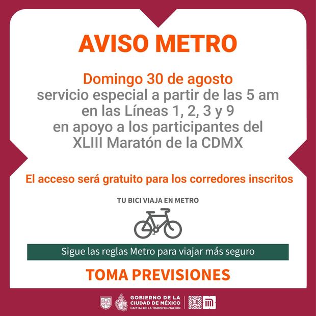 Horarios del Metro para este domingo, 30 de agosto, por el Maratón de la Ciudad de México - Foto: @MetroCDMX en X