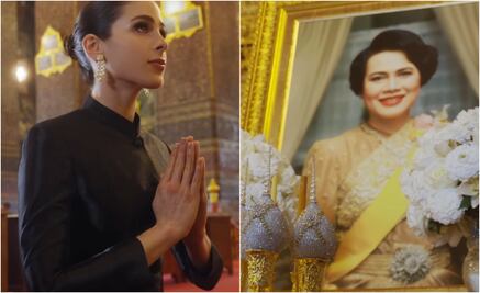 Fátima Bosch se arrodilla frente a Sirikit, la reina madre de Tailandia, figura clave en la historia de Miss Universo 