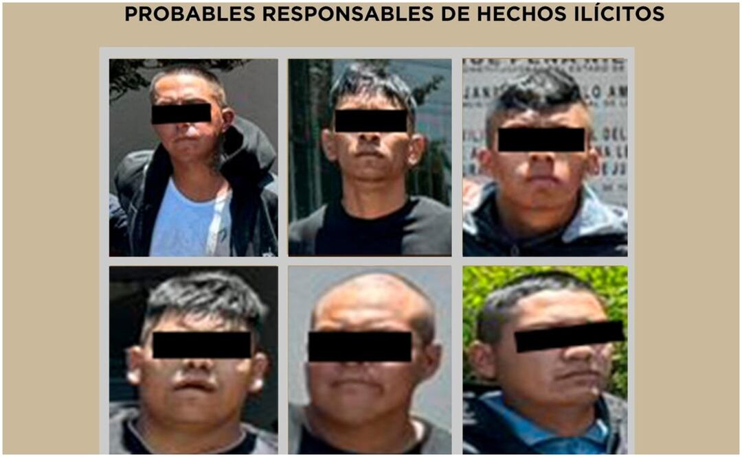 Los detenidos fueron identificados como: Jair “N” de 25 años, Jesús “N” de 18 años, Enrique “N” de 25 años de edad, Abraham “N” de 19 años de edad, Mario “N” de 32 años de edad y César “N” de 21 años de edad, uno de ellos se desempeñó como policía municipal de Chimalhuacán. Foto: Especial