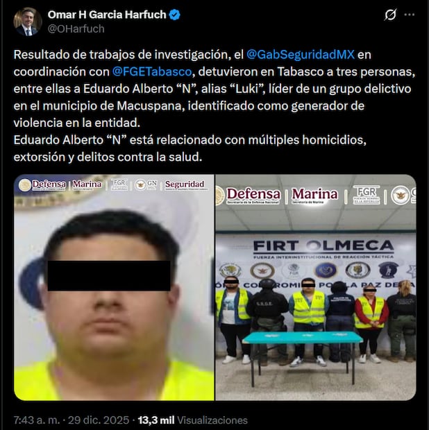 Detención de "Luki" anunciada por Omar García Harfuch. Foto: captura de pantalla