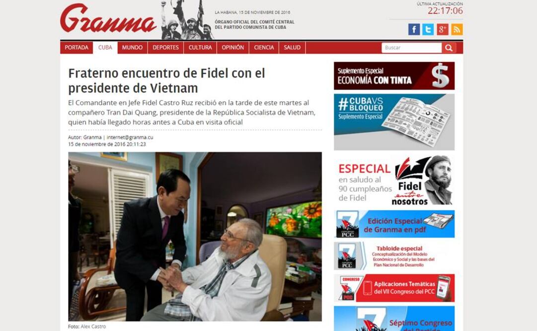 Captura de pantalla de la versión digital del diario Granma, que publica una fotografía del encuentro