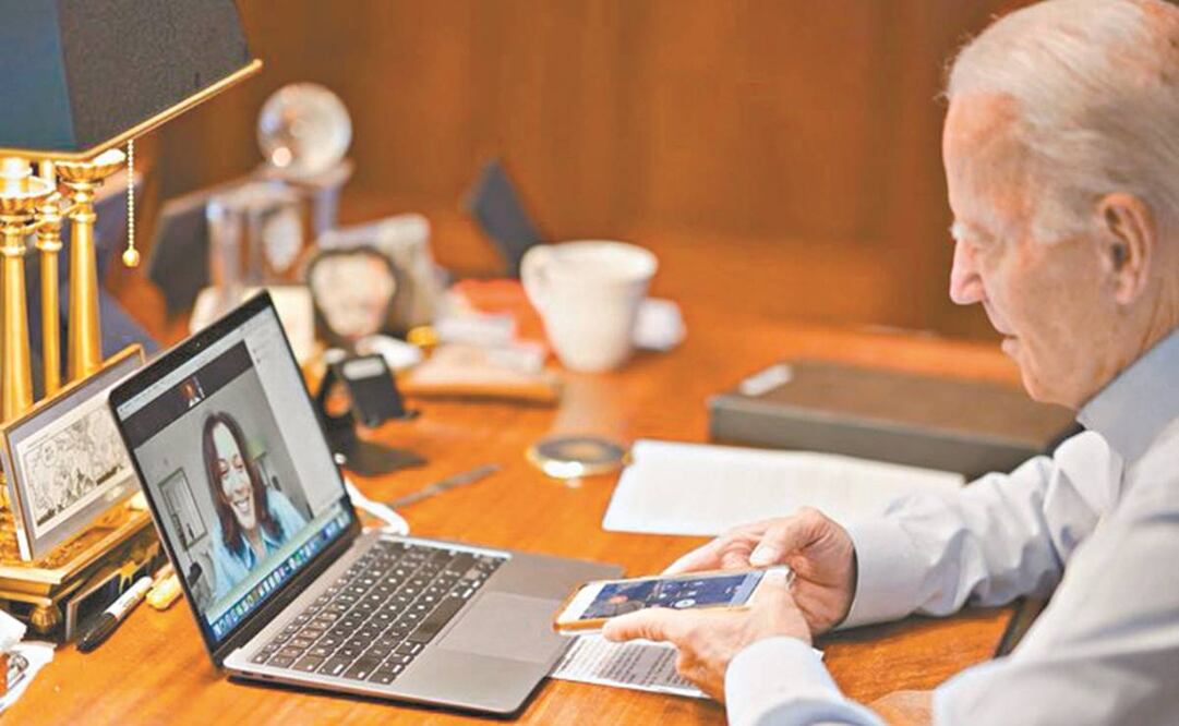 El virtual candidato demócrata Joe Biden, durante una videoconferencia con la senadora Kamala Harris. Hoy van a realizar una declaración conjunta desde Wilmington, Delaware. Foto: TOMADA DE TWITTER