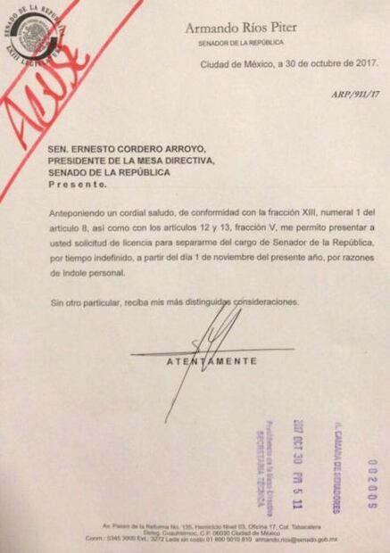 Concede Senado licencia indefinida a Ríos Piter