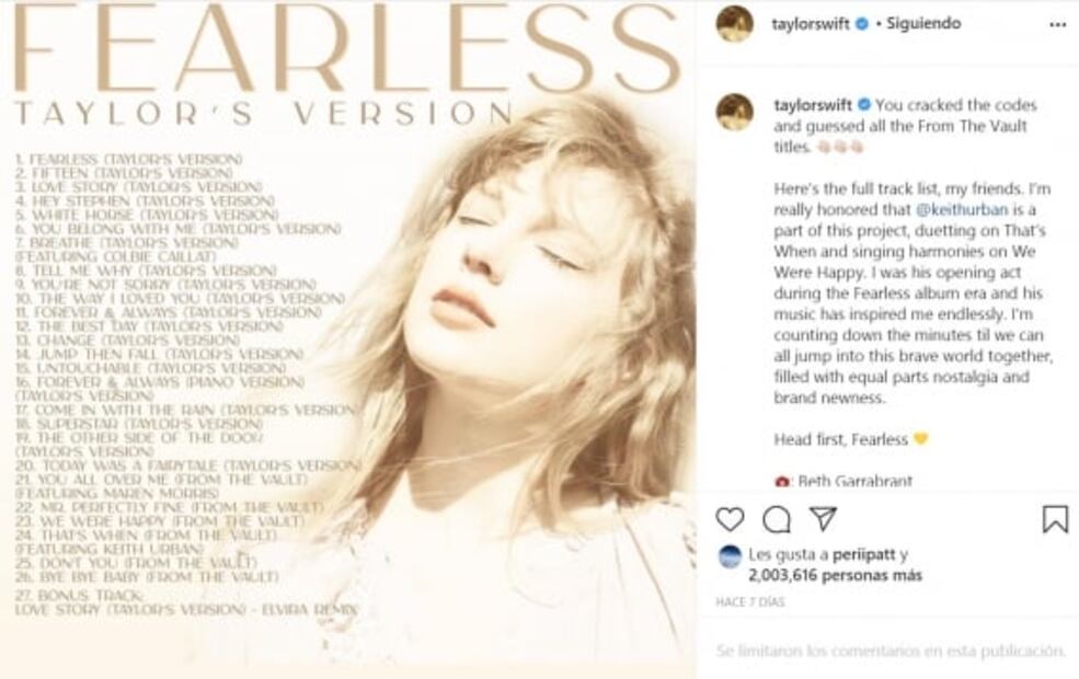 Taylor Swift recupera su música con el relanzamiento de "Fearless"