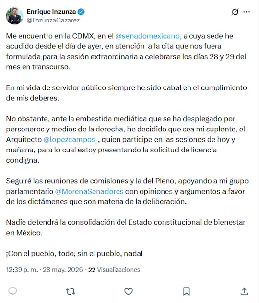 Tras un mes de ausencia de sus labores legislativas, el senador Enrique Inzunza Cázarez solicitó licencia para separarse de su escaño. Foto: Captura