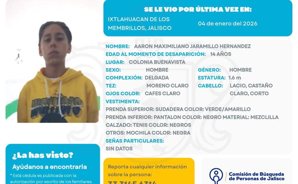 Ficha de búsqueda de Aarón, desaparecido en Ixtlahuacán (06/01/2026). Foto: Especial