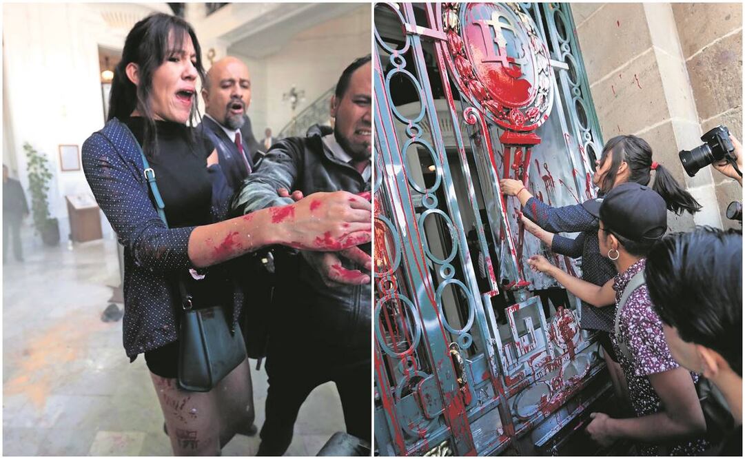 Las manifestantes llegaron a la puerta principal y la pintaron y golpearon con tubos. Adentro se decretó un receso en la sesión. Fotos: Francisco Rodríguez/ EL UNIVERSAL