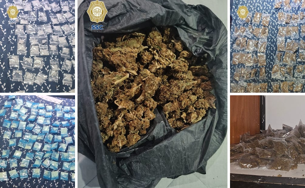 Se aseguraron dos bolsas con marihuana, 97 bolsitas con el mismo vegetal, una bolsa de plástico con marihuana a granel, 95 bolsas de plástico con una sustancia sólida y una bolsa con 99 dosis de marihuana. | Foto: Especial.