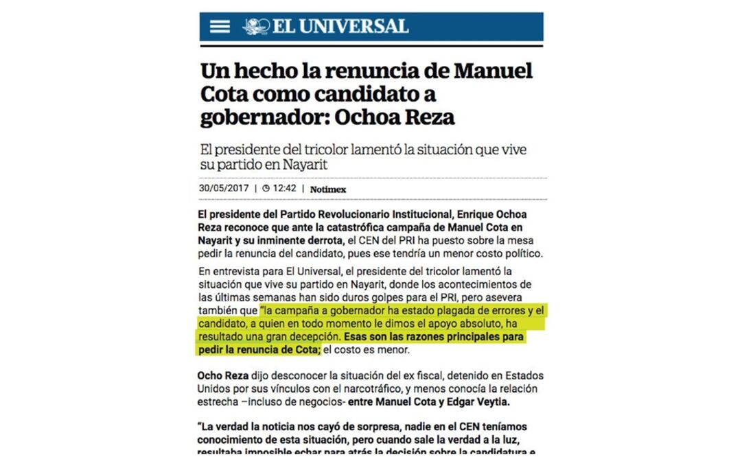 Desmiente PRI en Nayarit declinación de Manuel Cota