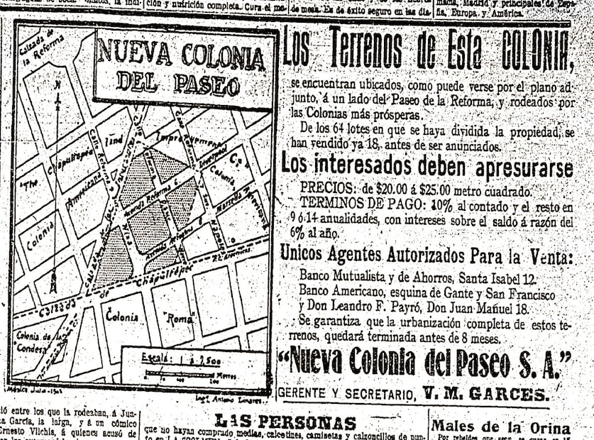 Anuncio de la Nueva Colonia del Paseo, 1905, actual Colonia Juárez. Hemeroteca EL UNIVERSAL.