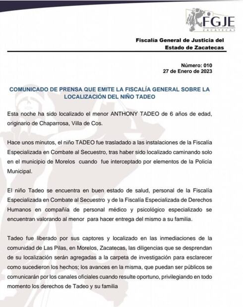 Lo que sabemos del secuestro del niño Tadeo en Zacatecas