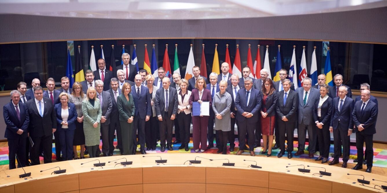 Foreign and defense ministers gathered at a signing ceremony in Brussels to represent 23 EU governments joining the pact – Photo: Taken from Federica Mogherini Twitter account