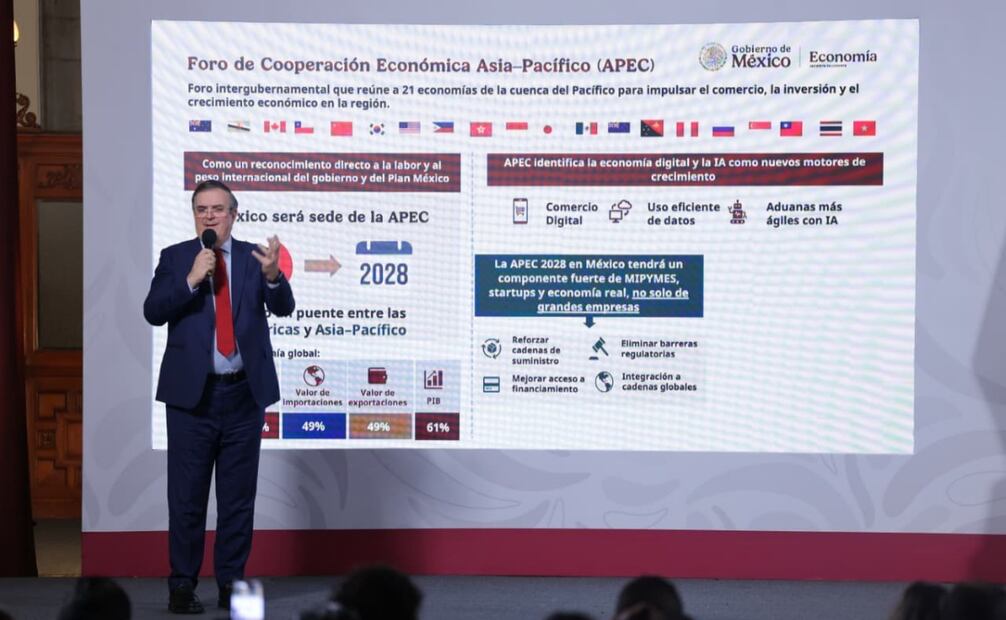 Marcelo Ebrard, secretario de Economía, en la conferencia matutina del 19 de noviembre de 2025. Foto: Fernanda Rojas/EL UNIVERSAL