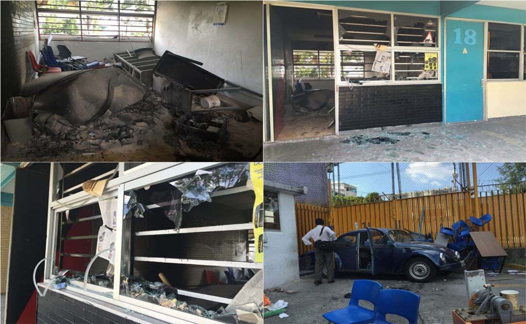 Luego de abandonar el CCH Naucalpan de la UNAM, quedó un auto usado como barricada y fuego en un aula (Fotos: Rebeca Jimenez)