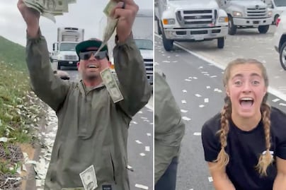 ¡Llueve dinero! Camioneta de valores choca y salen volando bolsas de billetes